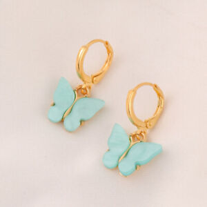 Fashion Womens Cute Butterfly Sky Blue Crystal Gold Drop Earring Jewelry Gif