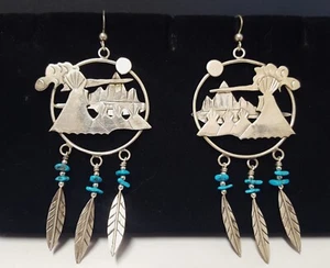 Pendientes SW Teepee Colgantes Pluma Plata Esterlina Turquesa Cuentacuentos 3-3/8" - Imagen 1 de 17