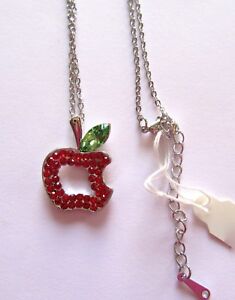 Fashion Necklace -APPLE pendant-crystals-  red & green- silver tone