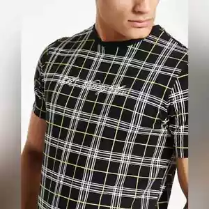 River Island Black Neon Check Slim Fit Short Sleeve T-Shirt - Picture 1 of 4
