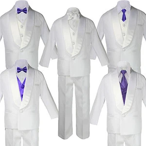 Baby White Satin Shawl Lapel Suits Tuxedo PURPLE Satin Bow Necktie Vest Set - Picture 1 of 7