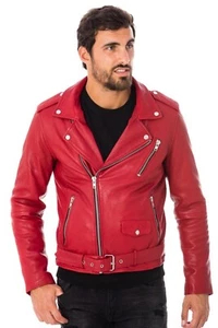 Mens Red Leather Jacket Cafe Racer Moto Biker Stylish Jacket Gift For Him MMJ1e - Picture 1 of 8