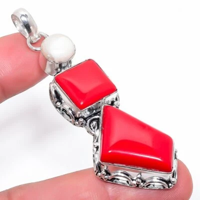 Colgante de plata de ley 925 con piedras preciosas de coral y perlas de 2,8" w093 Foto 1 de 4