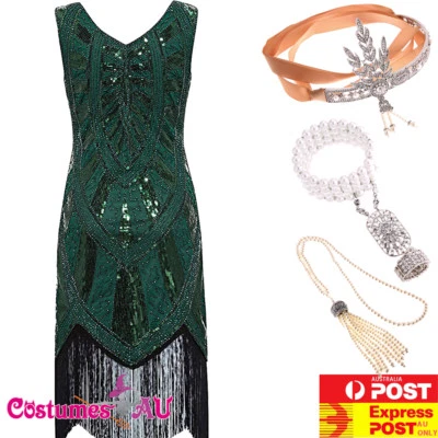 Deluxe Ladies 20s 1920s Green Roaring Flapper Costume Sequin Gatsby Fancy Dress - Image 1 of 4