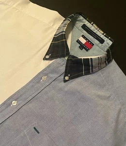 VTG Tommy Hilfiger Mens LS Color Block Shirt-L-White/Blue Denim Plaid Collar - Picture 1 of 12