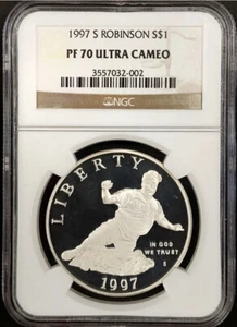 1997 JACKIE ROBINSON Silver Dollar $1 NGC PF70💥FLAWLESS QUALITY💥 - Picture 1 of 5