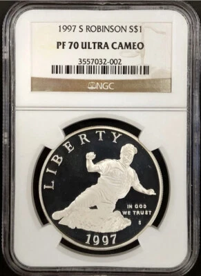 1997 JACKIE ROBINSON Silver Dollar $1 NGC PF70💥FLAWLESS QUALITY💥 - Image 1 of 4