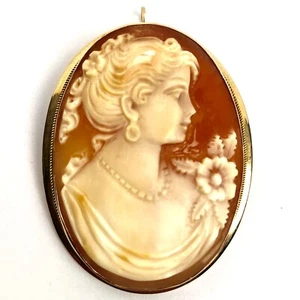 Vintage 10k GOLD Carved Shell Multicolor CAMEO Pendant Pin Brooch, 1 7/8”, 7.46g - Picture 1 of 10