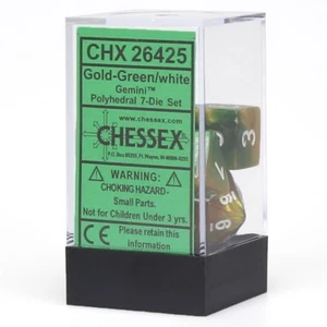 CHESSEX GEMINI DADOS - JUEGO DE 7 TROQUELES DORADO-VERDE BLANCO D20.. - Imagen 1 de 2