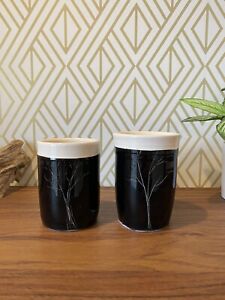 2 Pottery Studio Stoneware Tumblers Black and Off-White Birch Trees, Signed.