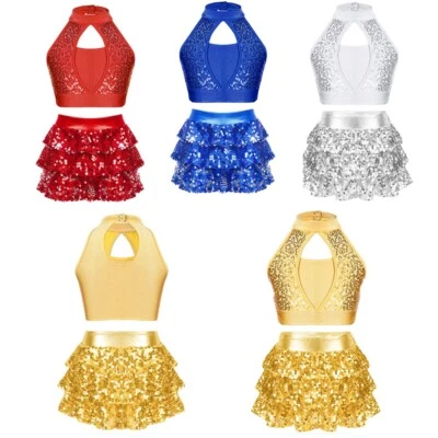 Kids Girls Gymnastic Ballet Dance Outfit Sequin Crop Top with Skirted Shorts Set - Image 1 of 4