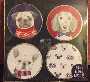 4 NEW Dachshund Pug Bulldog Ceramic Dog Coasters Tri-Coastal Designs 3.5" Gift - Picture 1 of 7