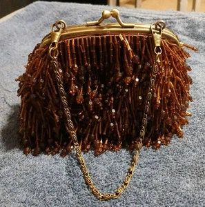 Bolso de Mano Mes Ami Noche Cartera Marrón Cilindro Semilla Cuentas Bolso sin asas Cha Cha 6"L×4"H - Imagen 1 de 10