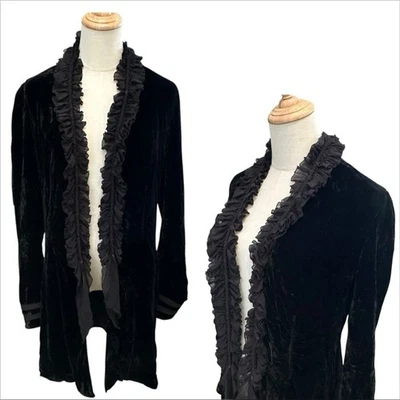 Chaqueta Larga de Seda Elie Tahari Terciopelo Negro Borde con Volantes M Whimsigoth Grunge Punk Foto 1 de 4