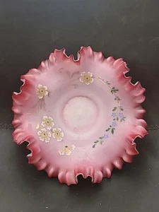 Vtg Pink Cranberry Ruffled Cased Glass Bowl Hand Painted Floral Fenton Bridal - Picture 1 of 7
