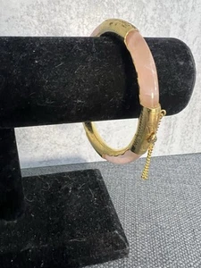Vintage Heavy Gold Plated Pink Quartz Bangle Bracelet - Picture 1 of 8