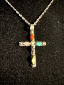 Vintage Sterling Silver 925 Turquoise Coral Cross Pendant Necklace - Picture 1 of 7