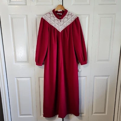 复古 Vassarette 女式粉色红色长浴袍 LG/XL 蕾丝 3/4 拉链 — 第 1/4 张图片