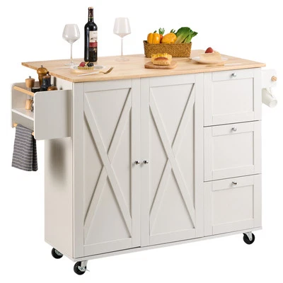 Drop Leaf Kitchen Island Trolley Cart Wood Storage Cabinet w/ Drawers Rack - Image 1 of 4