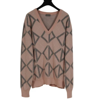 Suéter Dior Patrón Diamante Cuello en V Talla Mediana Rosa Gris Cachemira Pullover Logo Foto 1 de 4