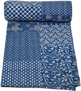 Indian Indigo Printed Kantha Quilt Throw Vintage Cotton Bedspread kantha gudri - Picture 1 of 4