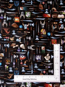 Dragon Quest Fabric Knight Shield Weapon Wizard Hat Black Cotton QT By The Yard - Picture 1 of 1