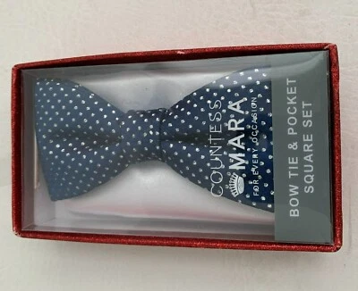 Countess Mara 领结海军蓝银色/银色口袋方形 2 件套新品  — 第 1/3 张图片