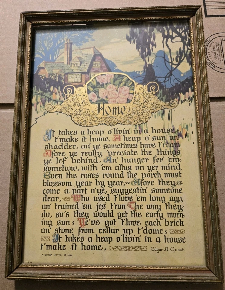 Vintage 1925 BUZZA Motto Print HOME by Edgar A. Guest   Art Deco 8 X 11 - Image 1 of 2
