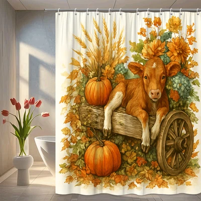 Linda cortina de ducha de otoño de granja con vaca y calabazas Foto 1 de 4