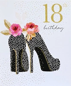 "18th Birthday" High Heels with Flowers Gold Glitter Card by Jaz & Baz Simson - Picture 1 of 5
