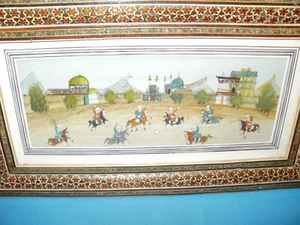 Quadro in miniatura asiatico mediorientale pittura uomini, cavalli e case - RARO! - Foto 1 di 18