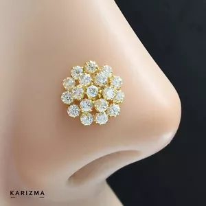 Wedding style 14K Real Gold Women White CZ nose stud nose ring Push Pin - Picture 1 of 4