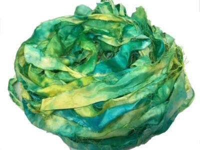 Recycled Sari Silk Ribbon - Green Yellow Yarn - Boho Ribbons - Silk Strips - Image 1 of 4