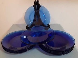 Set Of 8 Vintage Cobalt Blue Glass Plates Salad Snack Luncheon - Picture 1 of 6
