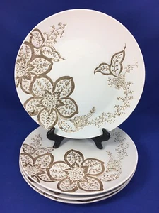 Anthropologie DINNER PLATES Pale Blue with EMBOSSED BROWN FLOWERS Set of 4 - Picture 1 of 12