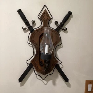 Vintage Medieval Gothic Metal Scroll Swords On Wood With Candle Light - Picture 1 of 20