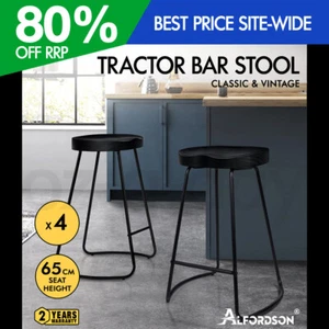 ALFORDSON 4x Bar Stools 65cm Tractor Kitchen Wooden Vintage Chair Black - Picture 1 of 12