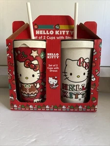 NUEVO EN CAJA Juego de 2 vasos de Navidad Hello Kitty 16 oz con pajitas de pan de jengibre - Imagen 1 de 3