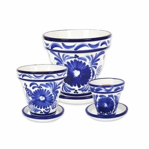 Blue Floral Classic Plant Pots Garden Set of 3 With or Without Drainage Plates - Picture 1 of 22