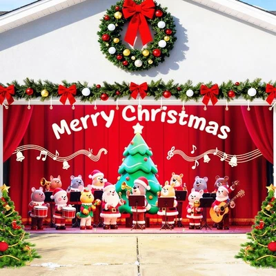 Christmas Garage Door Cover Decoration, 16 x 7 ft Cute Animal Merry Christmas... - Image 1 of 4