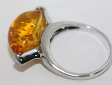 Antique Genuine 925 Silver 8.5CT Honey Brown Cognac Fab Fire Amber Ring Sz 7.5