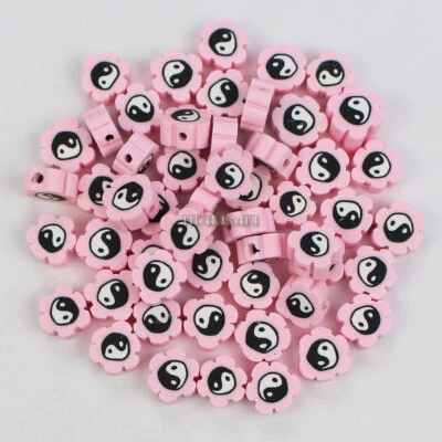 100pcs/lot 10mm Polymer Clay Pink Yin Yang Tai Chi Flower Spacer Loose Beads - Image 1 of 2