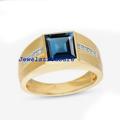 Anillo de plata 925 enchapado en oro con topacio azul Londres natural y piedras preciosas de circonita cúbica para hombre #33 Foto 1 de 4