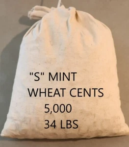 Bag of 5000 "S" Mint Lincoln Wheat Cents Mostly 1940-55 dates a few older. - Bild 1 von 2