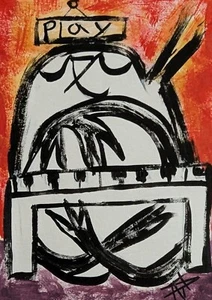 Original ACEO Cat Painting Collectible Music Piano Abstract Art Samantha McLean - Picture 1 of 2