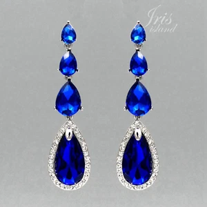 Women Rhodium Plated Blue Crystal Rhinestone Tassel Drop Dangle Earrings 06600 - Picture 1 of 4