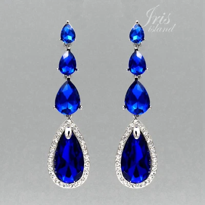 Brincos femininos folheados a ródio azul cristal strass borla gota pendente 06600 - Imagem 1 de 4