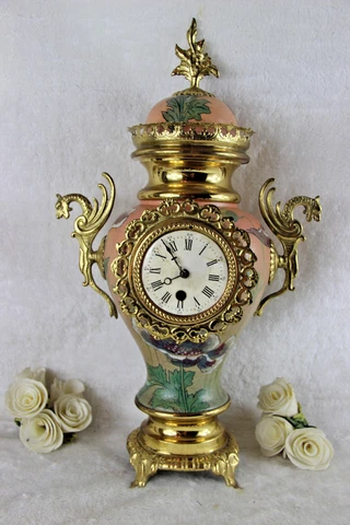 French Vintage Faience art nouveau design Clock dragon brass handles Cover