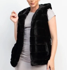 NWT Rachel Zoe Women’s Faux Fur Hooded Vest w/Hook & Eye Closure Black Size L - Picture 1 of 3