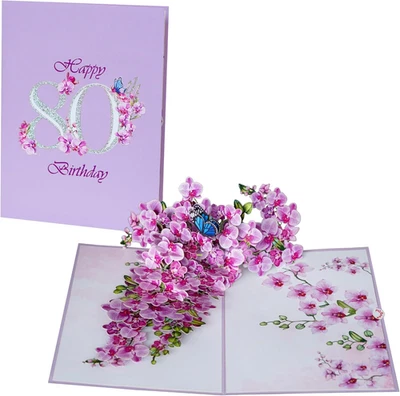 Orchid Happy 80Th Birthday Card, 3D Birthday Cards for Women, 6X8In Pop up Gifts - Image 1 of 4